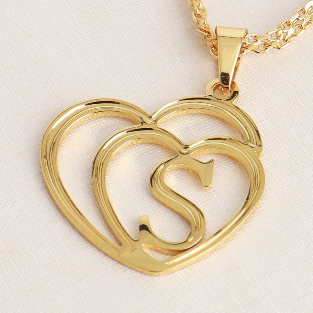 Women Gold Color Initial Alphabet Heart Pendant Charm Jewelry Stainless Steel Necklace Simple Clothing Accessories Party Gift