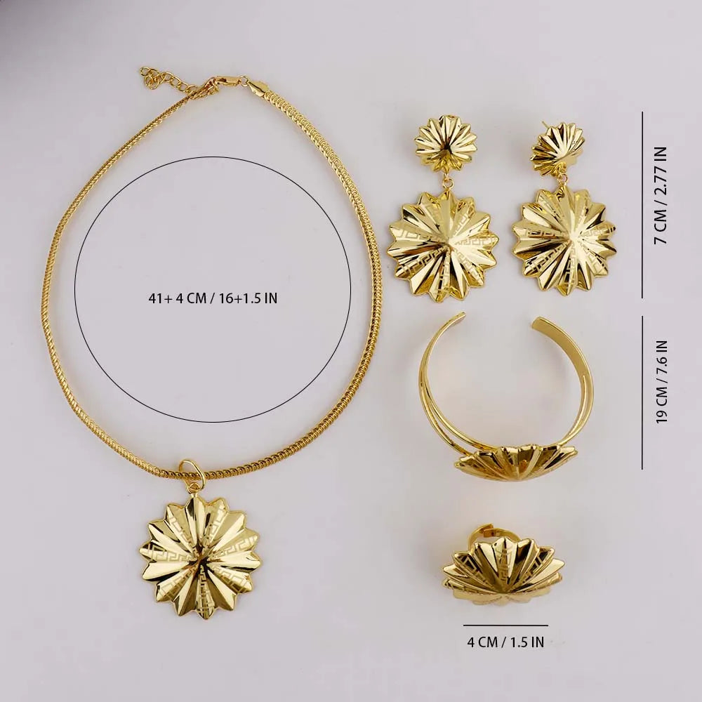 New Trendy Luxury Earrings Necklace Ring Bangle For Women Sun Shape Jewelry Sets For Wedding Party Dubai Bridal Banquet Gift
