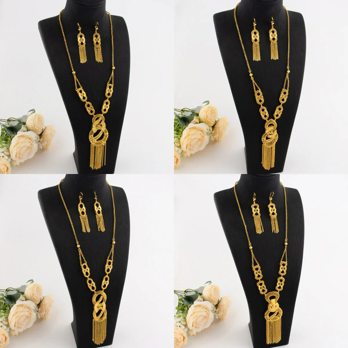 Dubai Luxury Gold Color Tassels Necklace Earrings Sets For Women Mid East India 8-Shaped  Jewelry Gifts For Party Mother