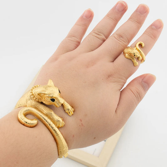 Dubai Gold Color Bangle with Ring Set for Party 18k Gold Color Hand Bangle Cocktail Ring Set for Engagement Jewelry Accessories