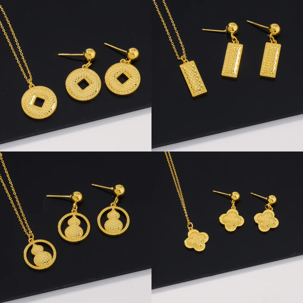 Pretty Girl Gold Color Trendy Four Jewelry Set Delicacy Earrings Clavicle Chain Set Shine Pendant Apply to Party Wedding Gift