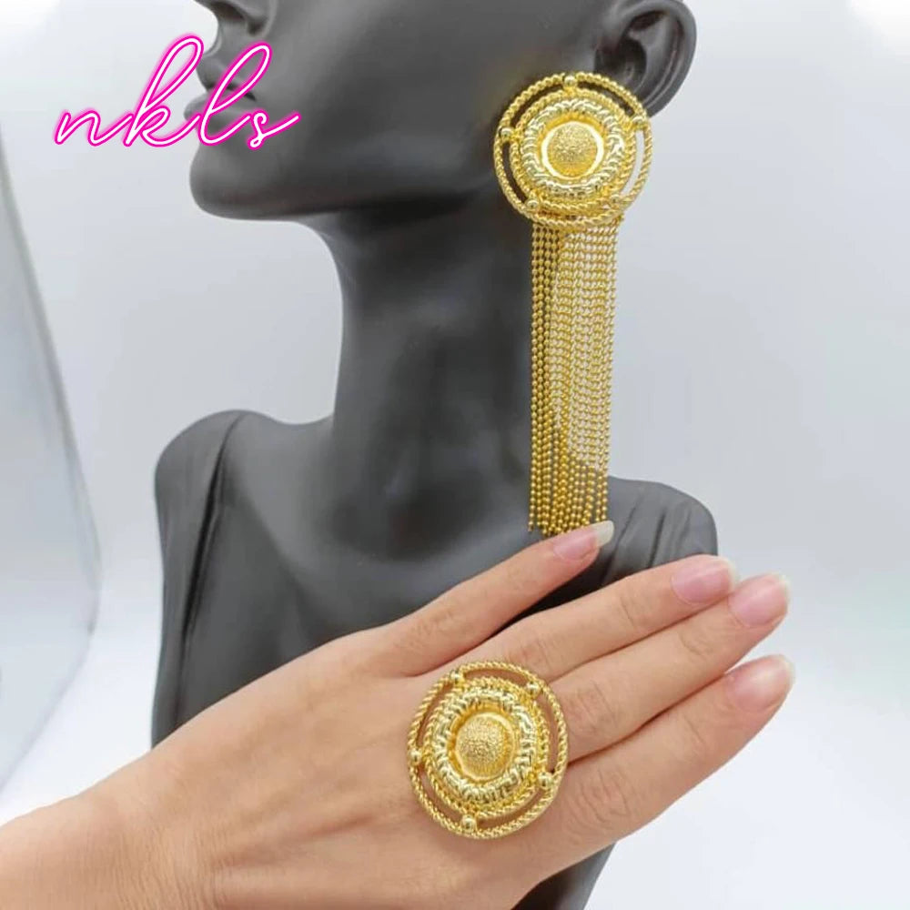 Gold Color Clip Tassel Earrings with Ring Jewelry Set for Women Brazilian Weddings Party Jewelry Set Party Accessories Gifts