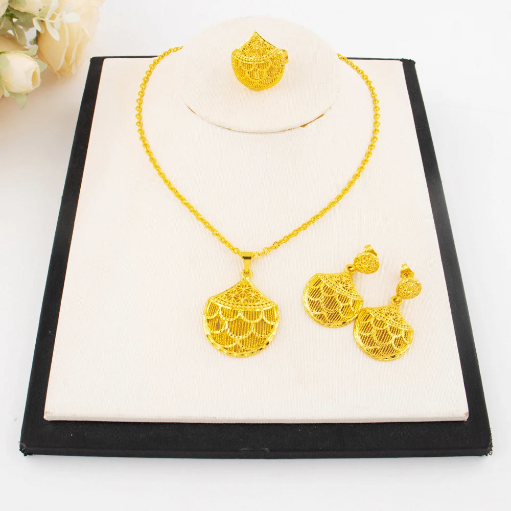 Luxury Arabic Gold Wedding Jewelry Set Gold Plated Dubai Bridal Necklace Earrings Ring Nigeria Women Vintage Jewelrys Gift