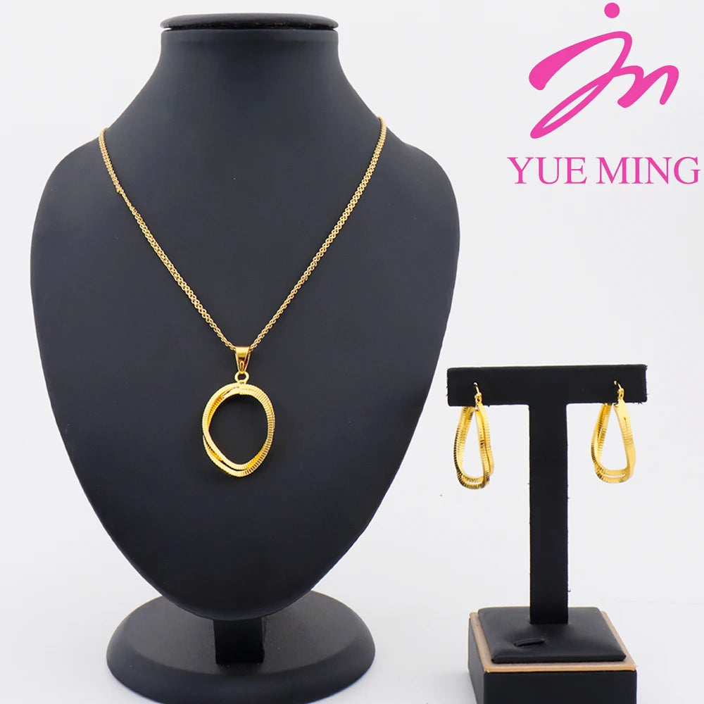 24K Gold-plated Two Piece Copper Jewelry Set Waterproof Earrings Warped Geometry Necklace Apply to America India Party Wedding