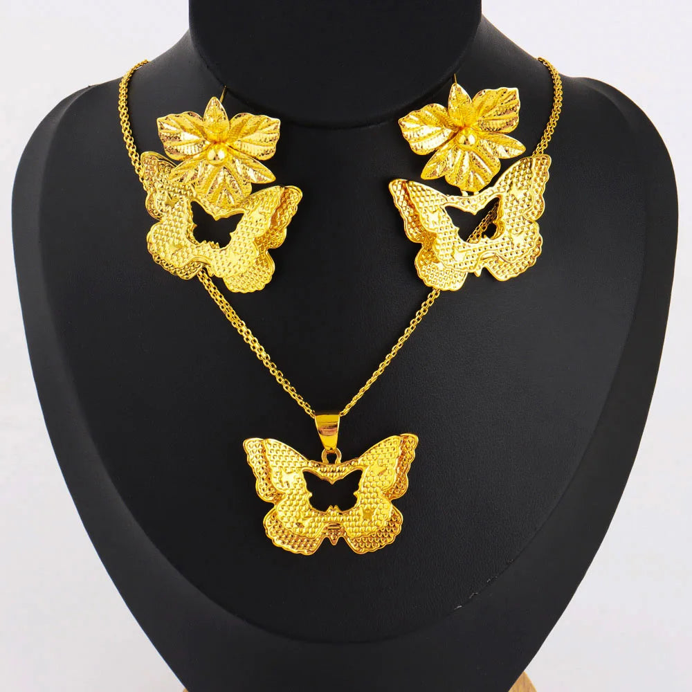 French Elegant Gold Plated Women Necklace Earrings Set for Girl Fashion Jewelry Accessories Gift for Wedding Party Banquet