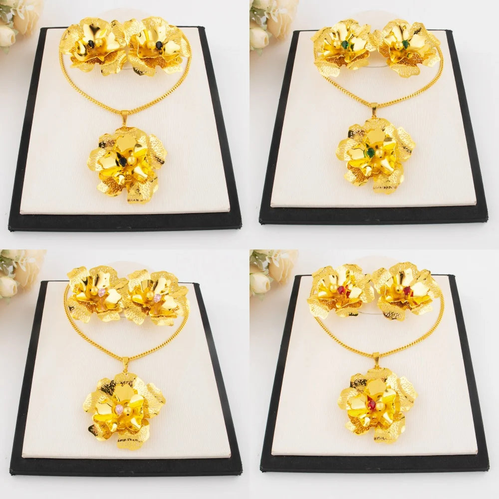 Arab Zircon Collection Women Jewelry Nigeria Luxury Flower Shape Earrings Gold Color Necklace For Party Wedding Wholesale