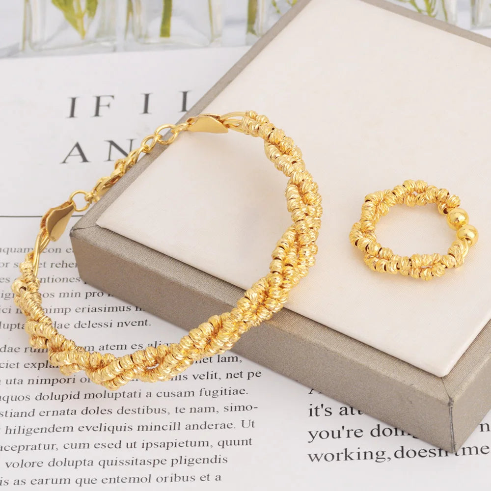 Vintage Gold Color Middle East Women Jewelry Set Ethiopia Multi Layer And Multi Bead Design Bangle And Ring Wedding Easter Gift