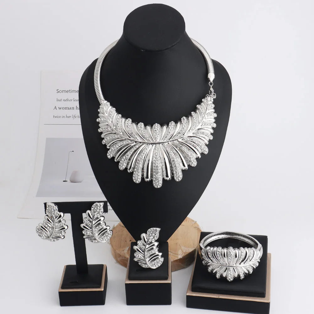 New Fashion Luxury Africa Dubai Necklace Earrings Ring Bangle For Women Zircon Jewelry Sets For Bridal Party Wedding Full