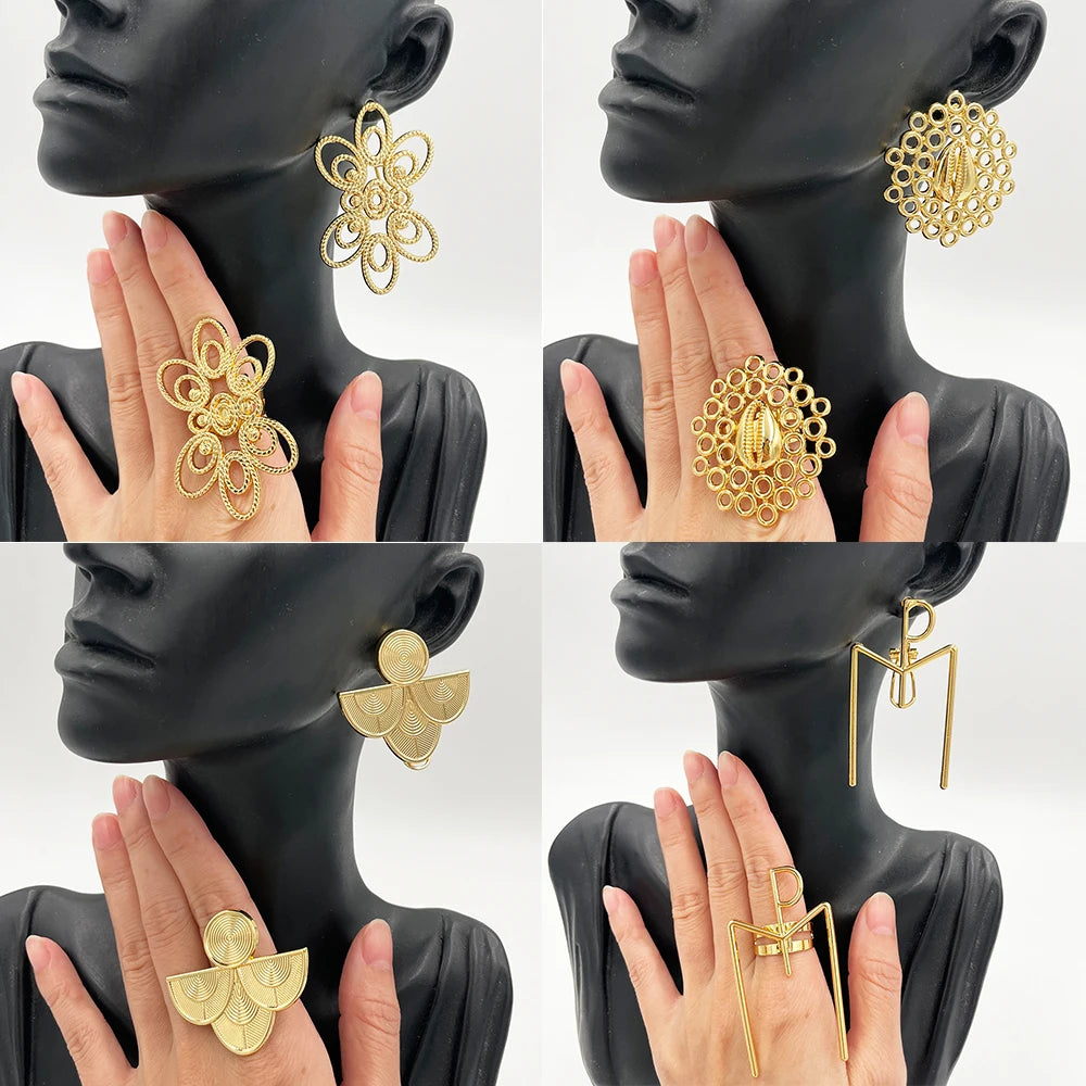 4Set Gold Color Jewelry for Women Girls Elegant Golden Clip Earrings Ring Geometric Jewelry Fashion Party Engrave Hollow Earring