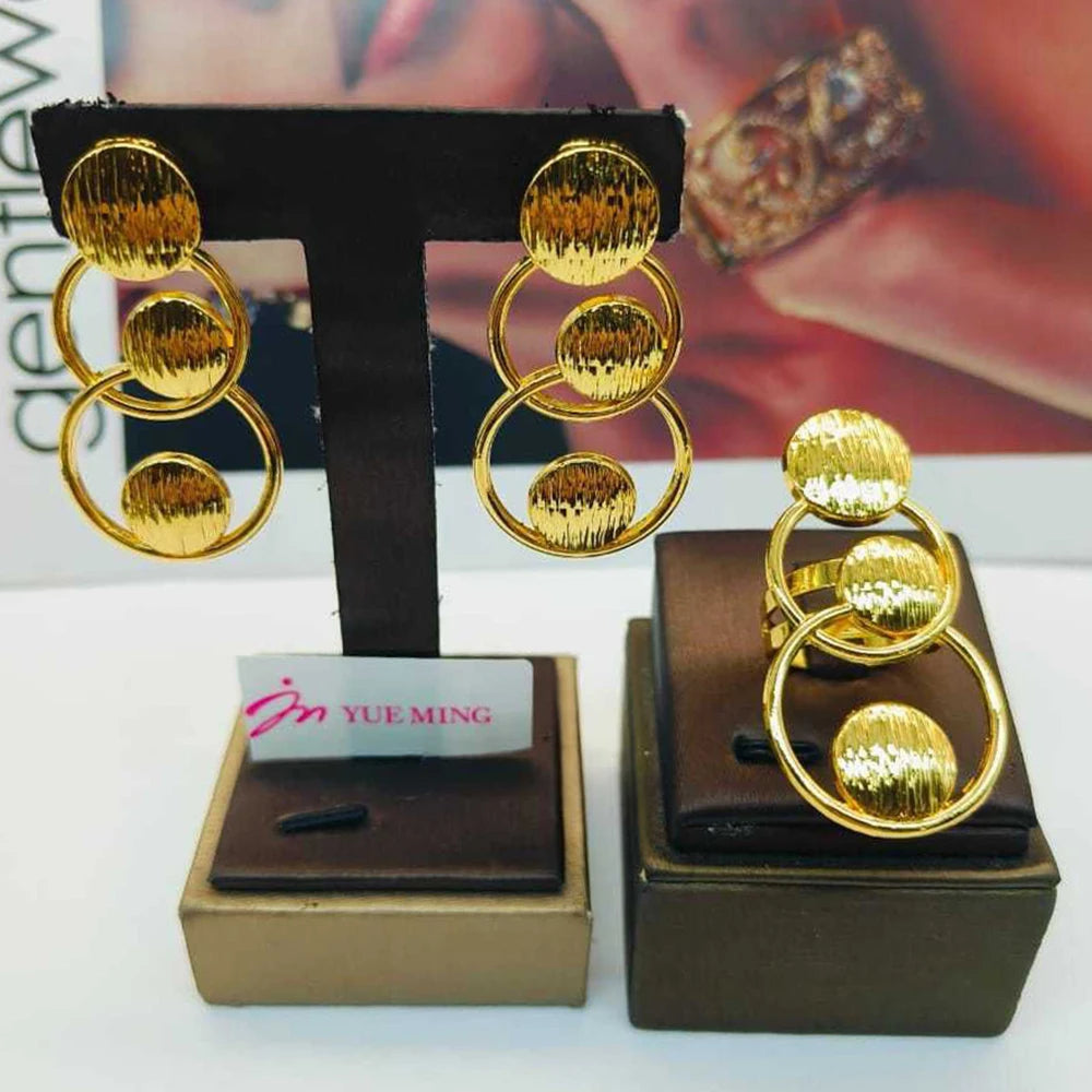 Luxury Earrings with Ring Set for Engagement 18k Gold Color Dangle Earrings Cocktail Ring Ethiopian Set for Nigerian Daily Wear
