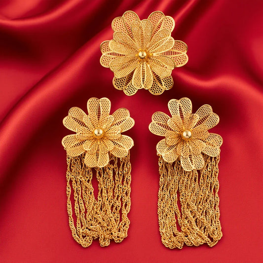 Stainless Steel Gold Color Flower Tassel Rings Earrings For Women Trendy Aesthetic High Quality Jewerly Wedding Party Gift