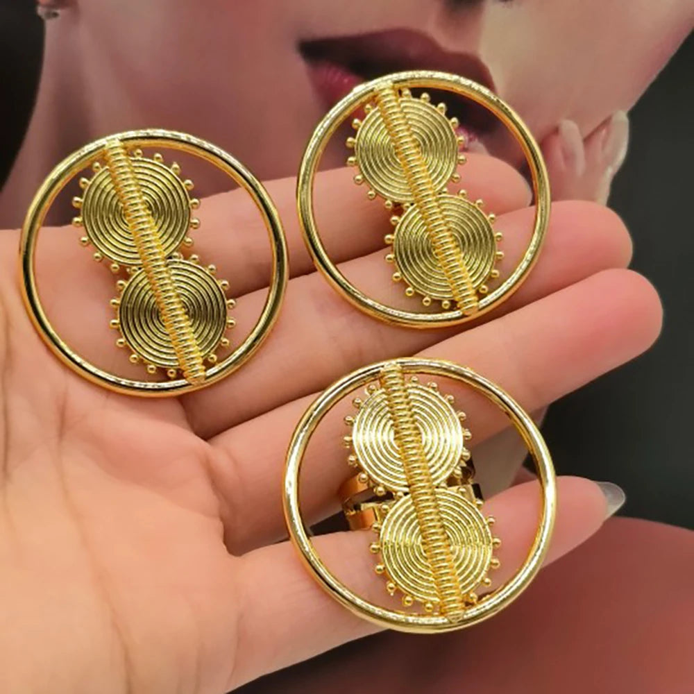 Dubai Gold Color Earrings and Ring Set for Party Weddings Bridal Clip Earrings Finger Ring Set for Nigerian Accessories Gifts