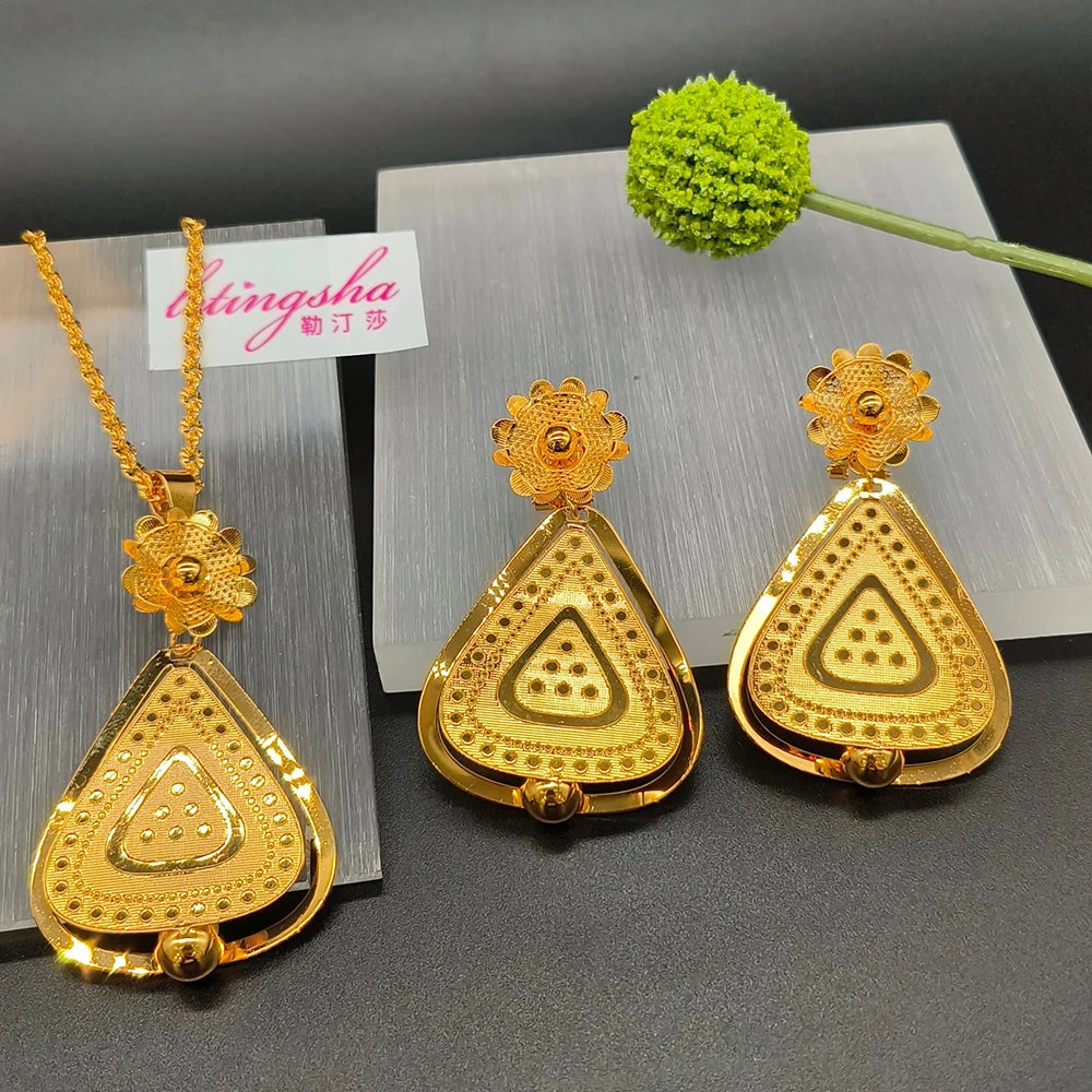 Good Luck & fortune Round Gourd Pendant Set For Women Necklace Earring Nigerian Gold Plated Jewellery Dubai Wedding Bridal Gift