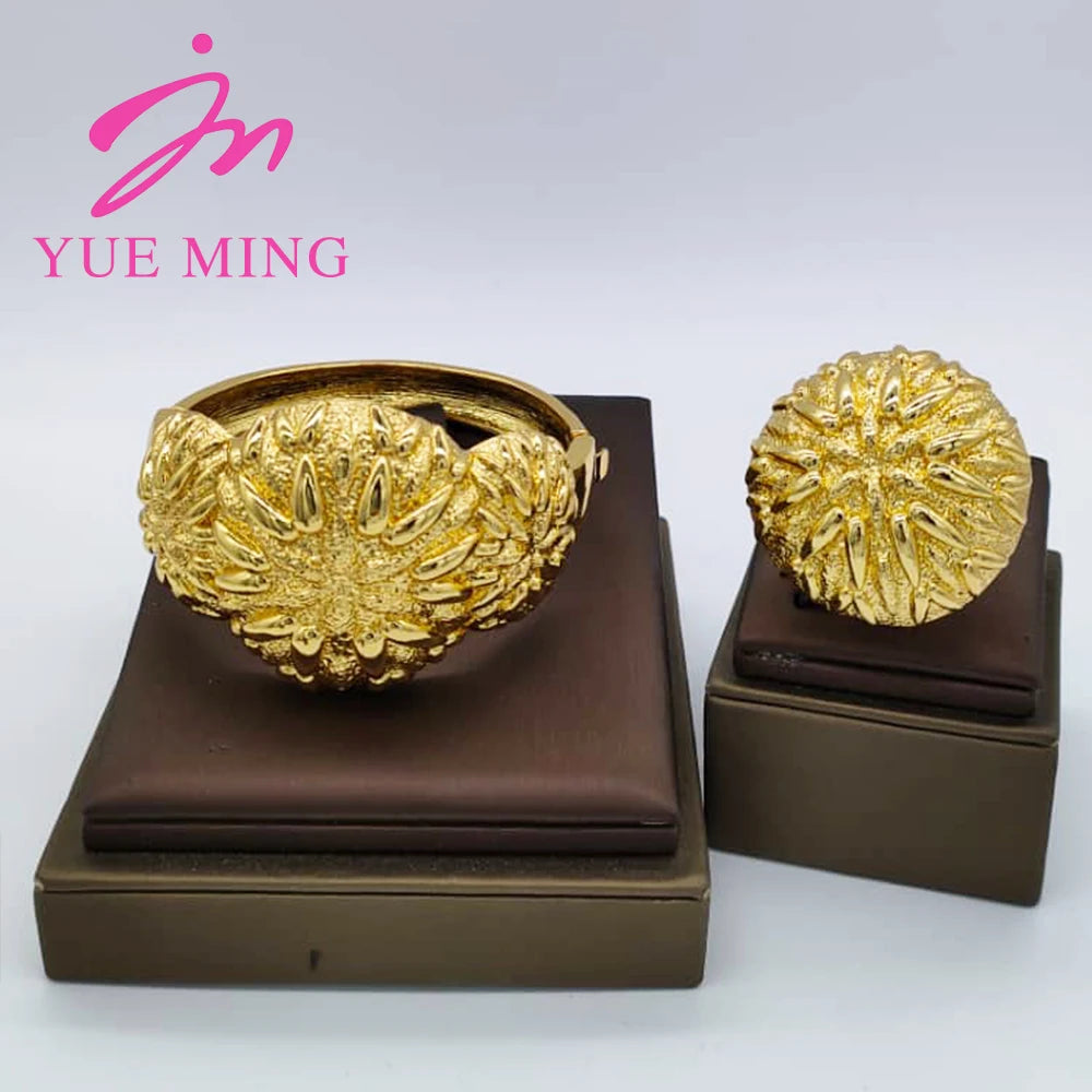 18K Gold Color Cuff Flower Bangle Ring For Women Moroccan France Dubai Luxury Copper Bracelet Jewelry Nigerian Party Wedding Gif
