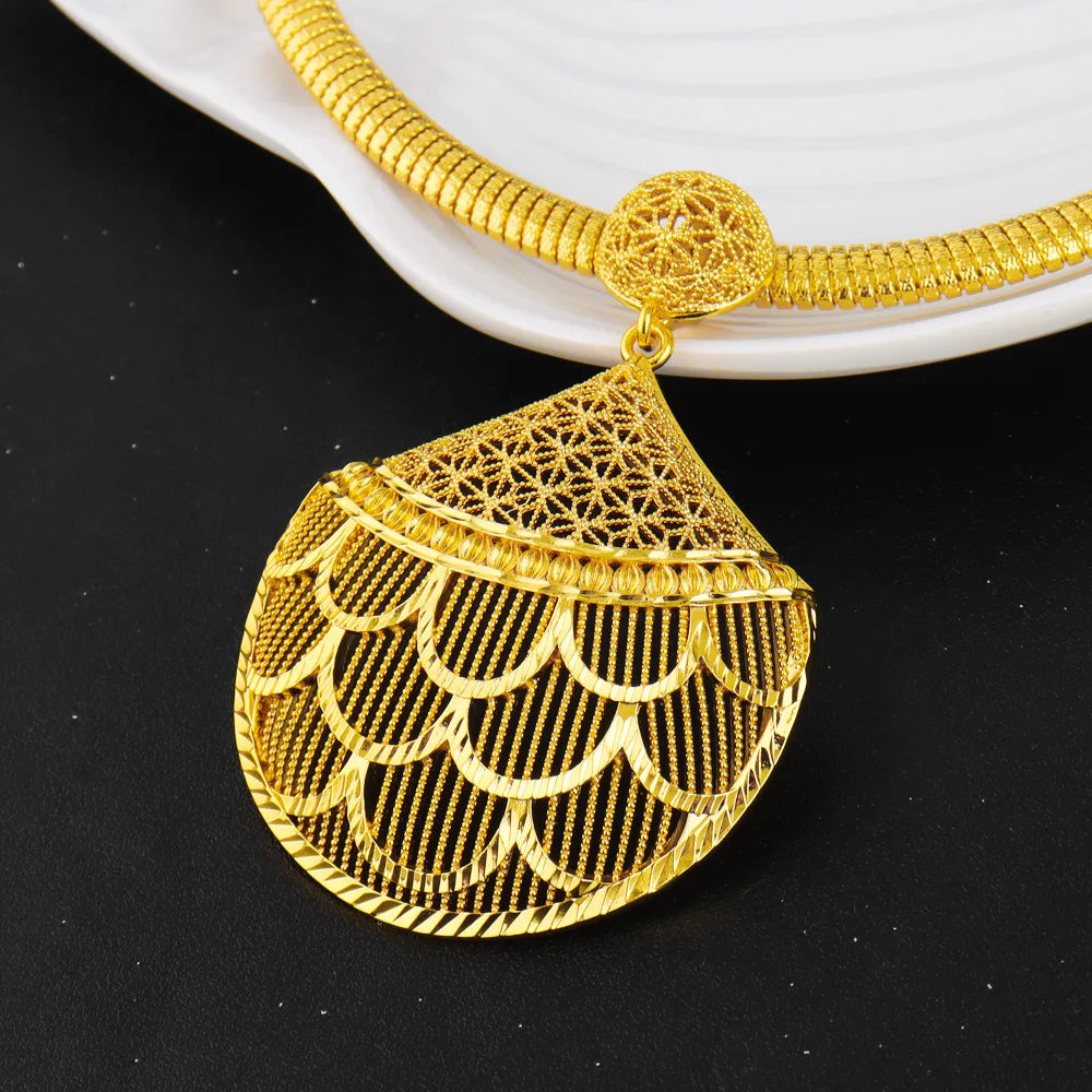 Gold plated Jewelry Set India Dubai Jewelry Gold Geometry Necklace Earrings Ring for Nigerian Wedding Bridal Holiday Gift