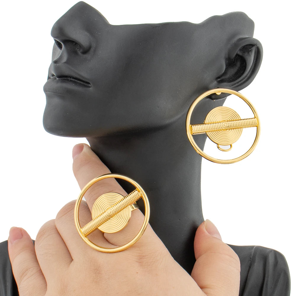 African Map Design Jewelry Set for Party Women Statement Big Earrings and Adjustable Ring Set for Nigerian Party Daily Wear