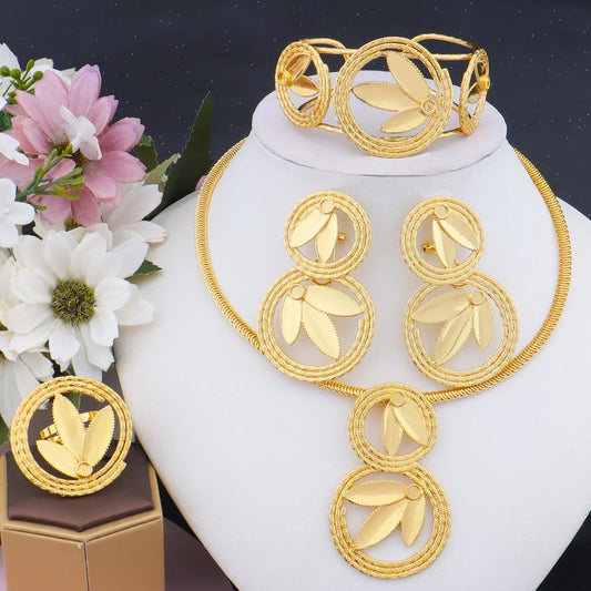Classic Clover Gold Plated Jewelry Gift Necklace Earrings Bracelet Ring Set for Women Girl Bride Charm Bangle for Party Wedding