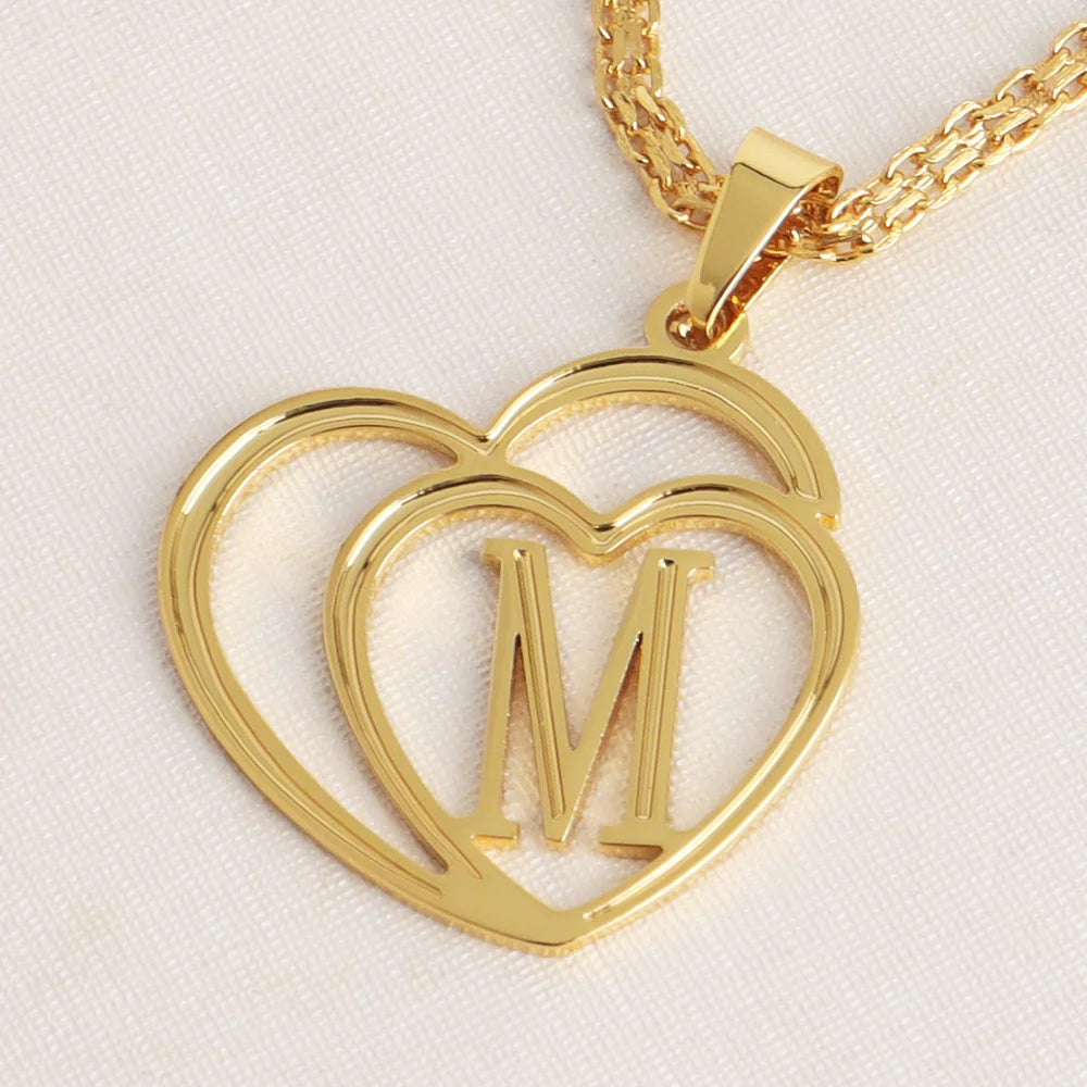 Women Gold Color Initial Alphabet Heart Pendant Charm Jewelry Stainless Steel Necklace Simple Clothing Accessories Party Gift