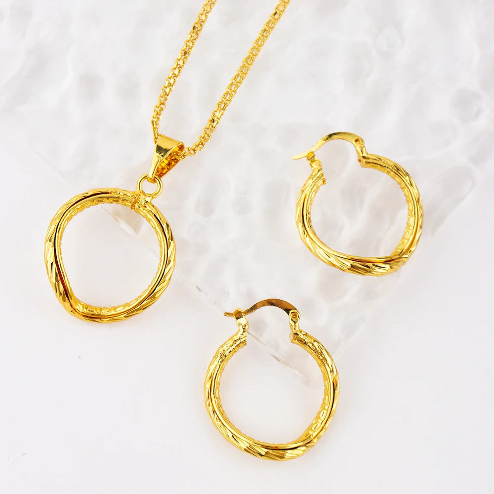 24K Gold-plated Two Piece Copper Jewelry Set Waterproof Earrings Warped Geometry Necklace Apply to America India Party Wedding