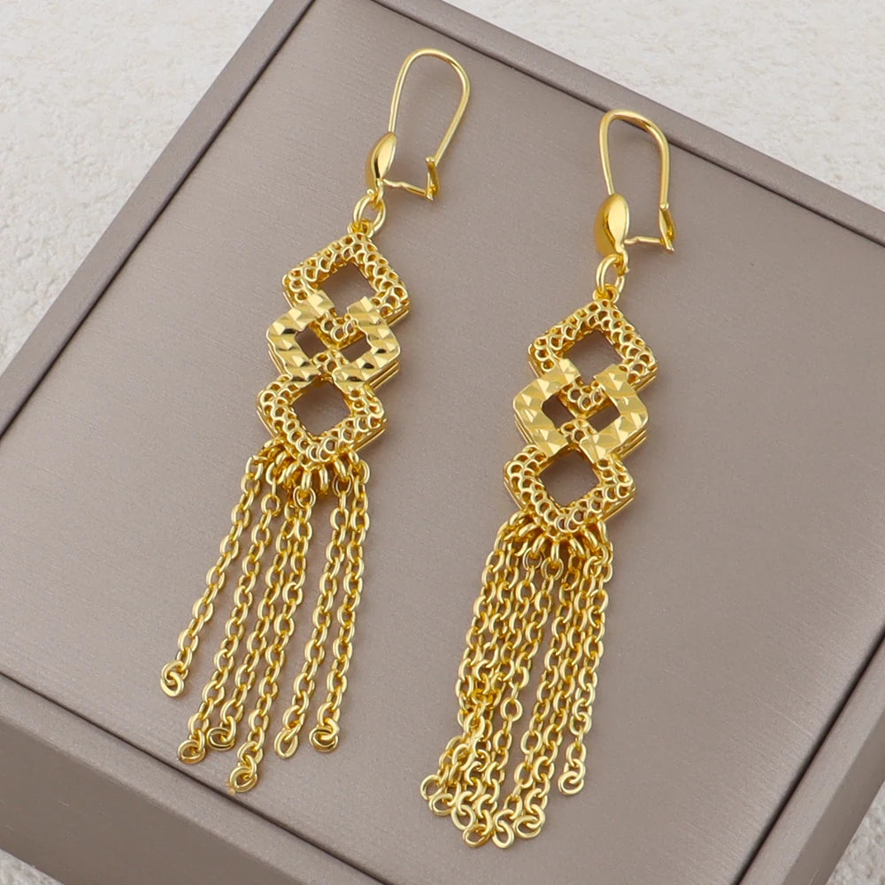 dubai style womens jewelry set 24K luxury Gold Color Long Necklace Set Nigerian Party Bridal Wedding Necklace Earrings Set