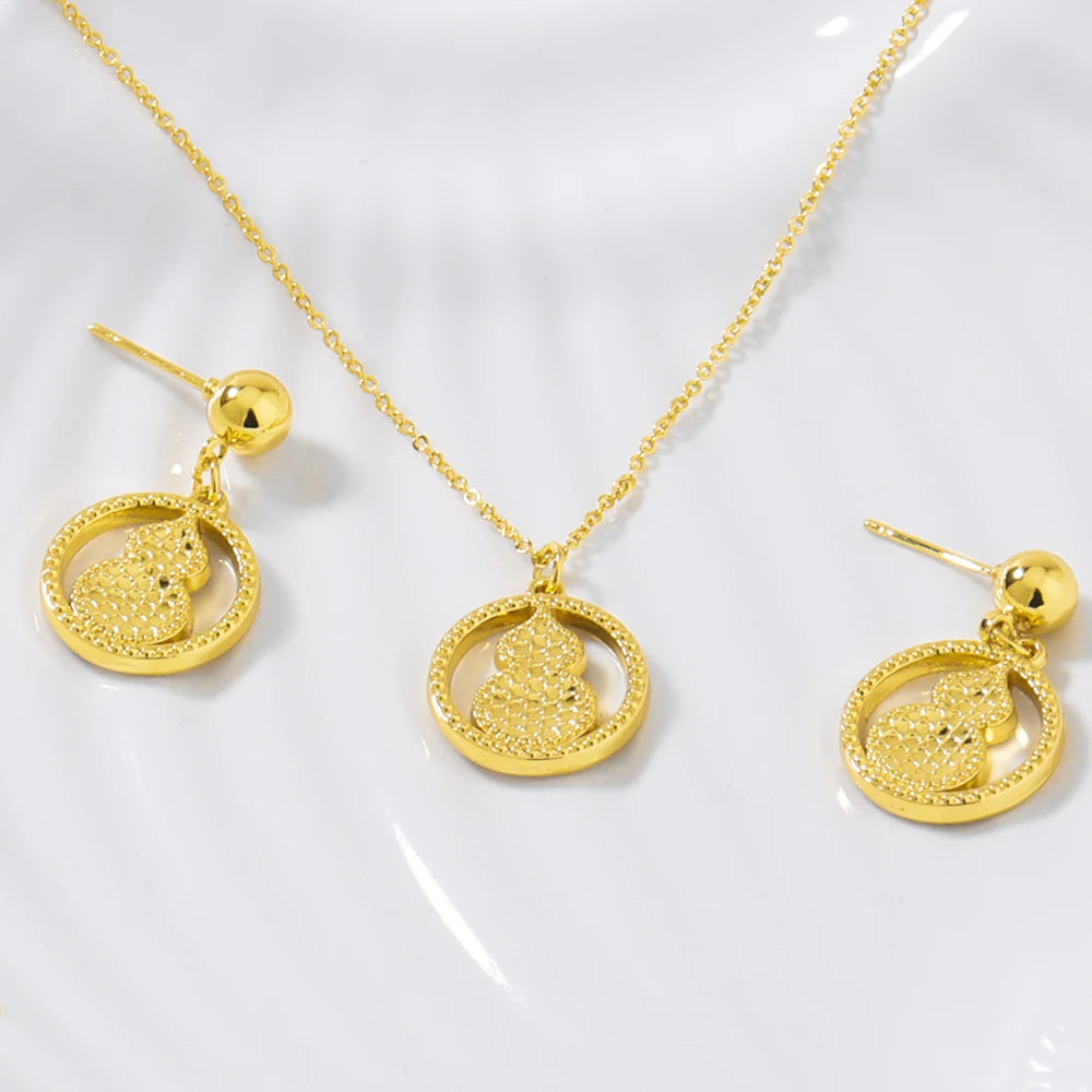 Gold Plated Women Earrings Clavicle Chain Set Gold Color Hollow Calabash Shape Pendant Light Delicacy Jewelry Party Birthday Gif
