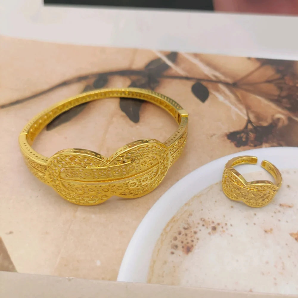 Trend Gold Color Bangle with Ring Set for Engagement Hollow Out Design Hand Bangle with Ring 2Pcs Set Brazilian Jewelry Set Gift