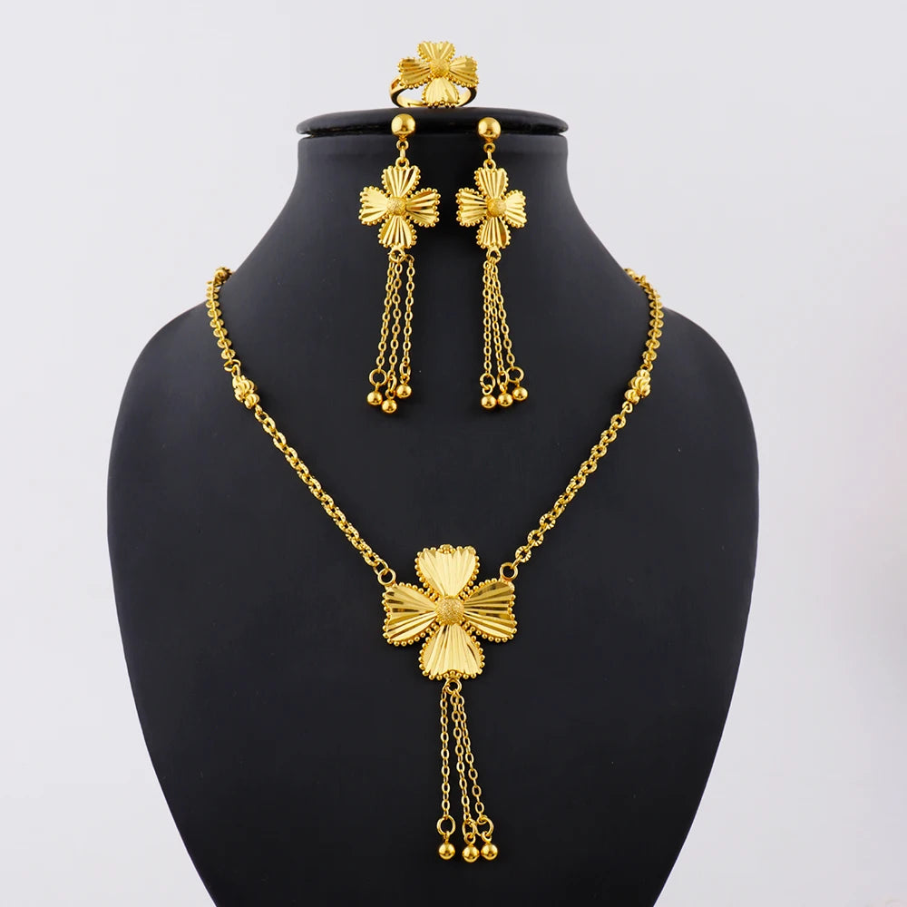 Elegant Gold-Tone Flower Jewelry Set for Women, Delicate Necklace Earrings Ring Gift for Party Wedding Daily Wear