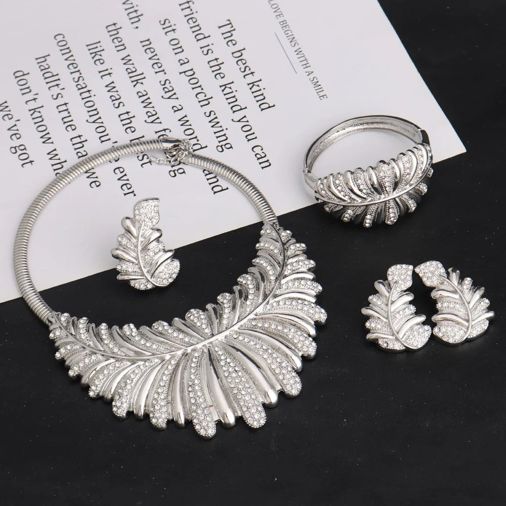 New Fashion Luxury Africa Dubai Necklace Earrings Ring Bangle For Women Zircon Jewelry Sets For Bridal Party Wedding Full