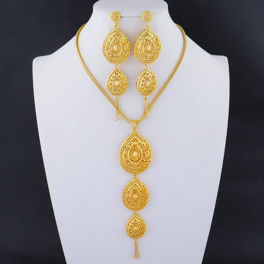 Dubai New Design Gold Plated Chain Necklace Charms Earrings for Women Jewelry Set for Dating Daily Wear Party Wedding Gift