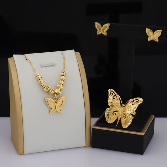 Dubai Gold Color Butterfly Necklace Earrings Ring Boutique Jewelry Set For Men And Women Daily Wear Wedding valentine day gift