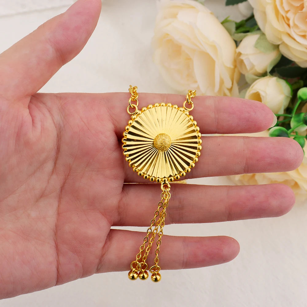 Fashion Gold Color Rotundity Earrings Set 24k Gold Plated Arabic Tassel Necklace Ring Women Wedding Party Ramadan Jewelry Set