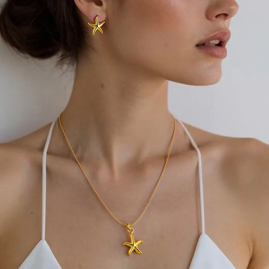 Italy Elegant Gold Plated Stars Shape Chain Necklace Charms Earrings for Women Jewelry Set for Dating Wedding Christmas Gift