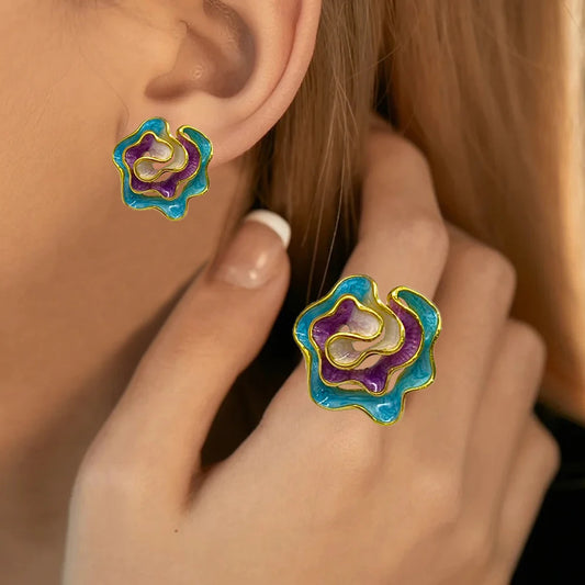 Vintage Enamel Flower oil painting Earrings and Ring Jewelry Set for Women New Design Fashion Jewellery Gift