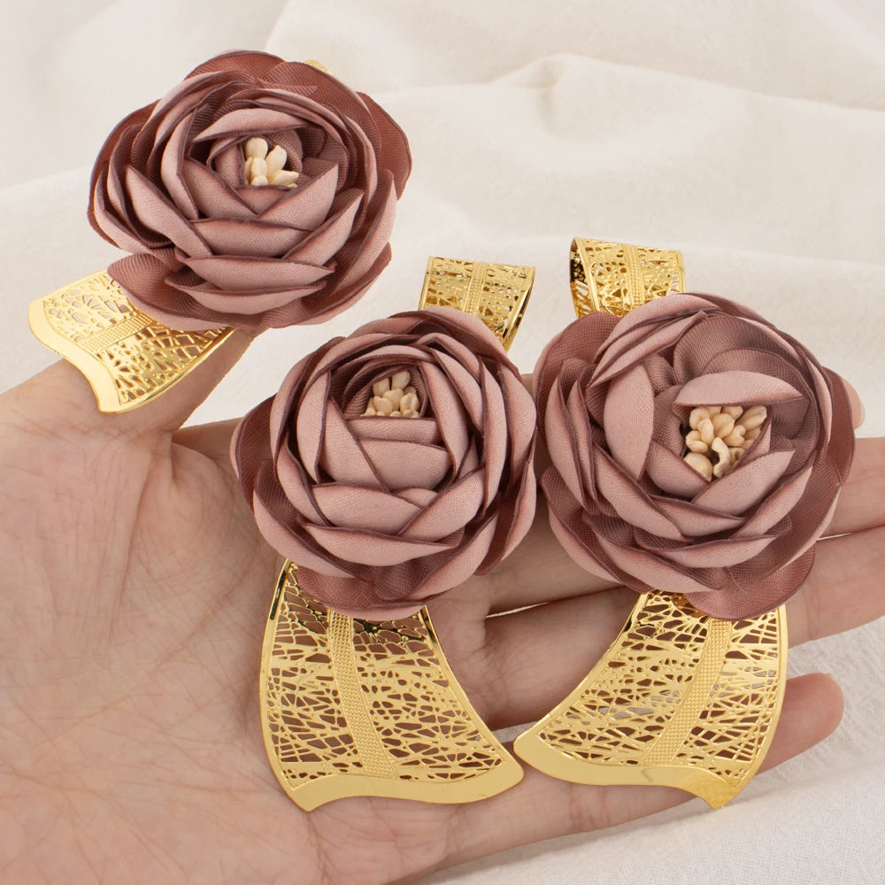 2025 New High Quality Big Pink Flower Earrings Women Jewelry Set Dubai Gold Plated Luxury Ring For Party Wedding Daily Dating