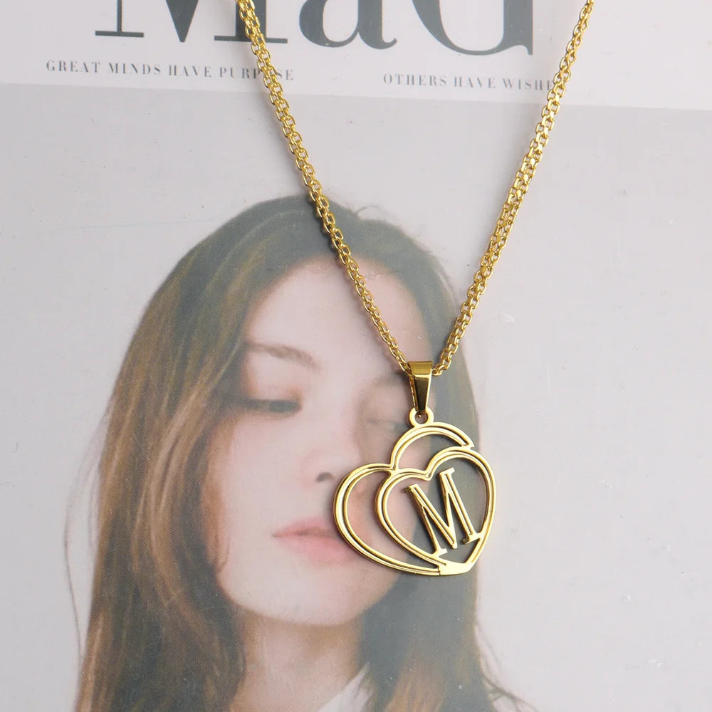 Women Gold Color Initial Alphabet Heart Pendant Charm Jewelry Stainless Steel Necklace Simple Clothing Accessories Party Gift