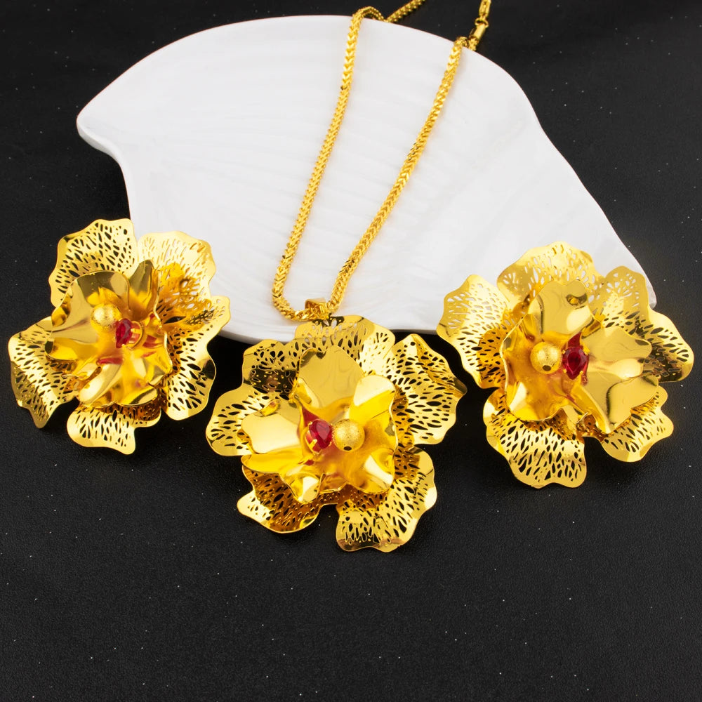 Arab Zircon Collection Women Jewelry Nigeria Luxury Flower Shape Earrings Gold Color Necklace For Party Wedding Wholesale