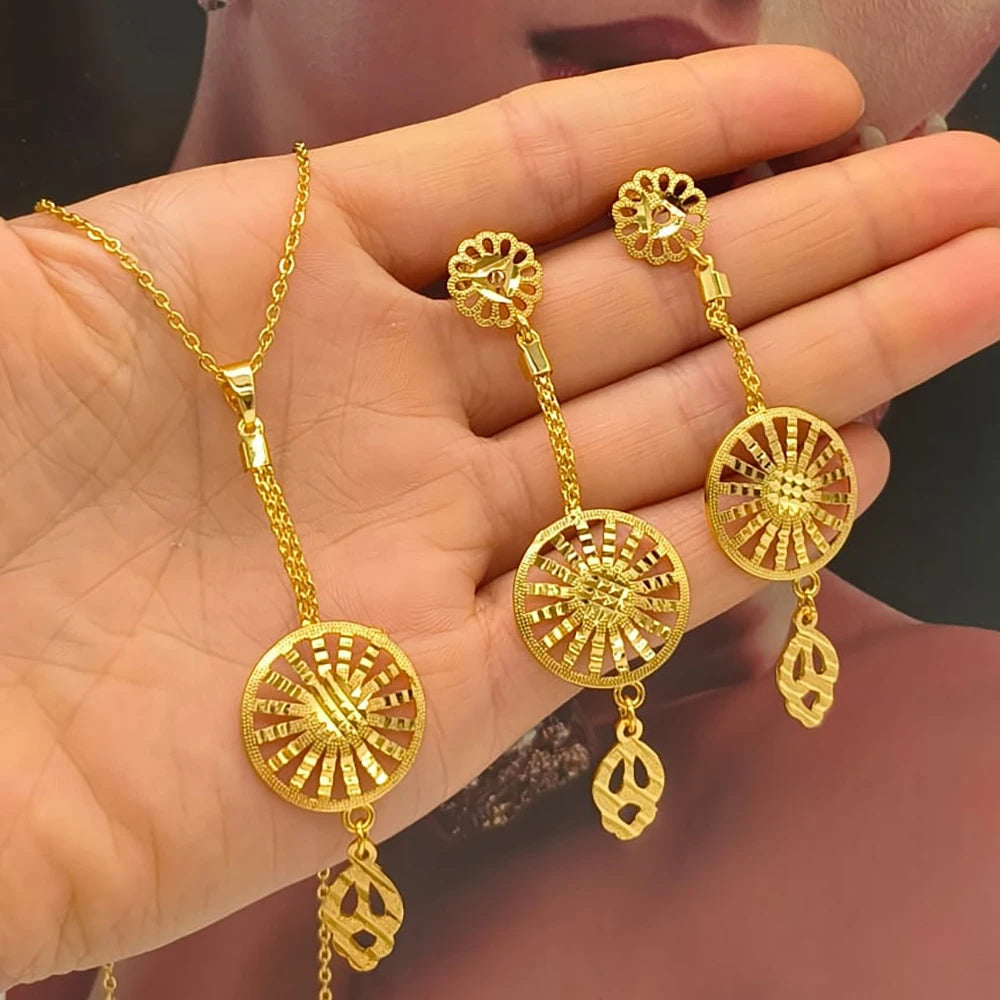 18K Gold African Hollow-Out Drop Earring Set & Necklace – 2Pcs Jewelry Set for Women, Elegant Engagement Party Gift