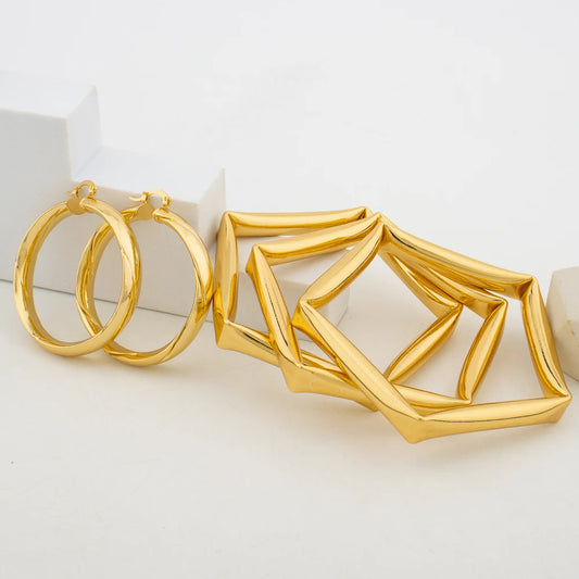 Earrings with Bangle Jewelry Set for Women African Dubai Gold Color Hand Bangle Hoop Earrings Weddings Bride Jewellery Accessory