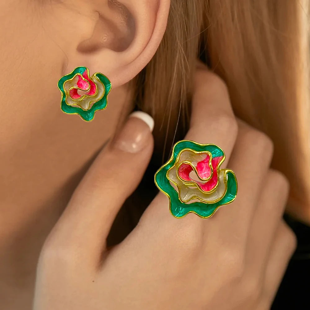 Vintage Enamel Flower oil painting Earrings and Ring Jewelry Set for Women New Design Fashion Jewellery Gift