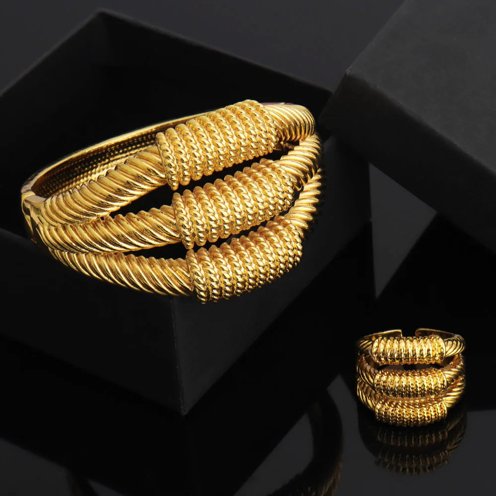 Vintage Gold Color Middle East Women Jewelry Set Ethiopia Multi Layer And Multi Bead Design Bangle And Ring Wedding Easter Gift