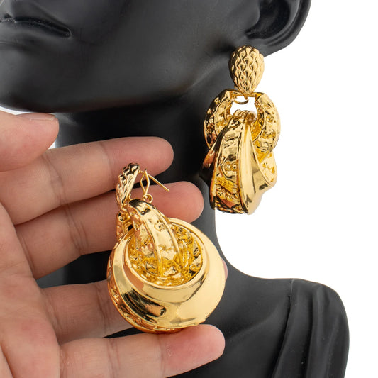 Round Big Drop Earrings For Women Girl Large Circle Geometric Dangle Jewellery Wedding Party Gift Gold Color Jewelry Accessories