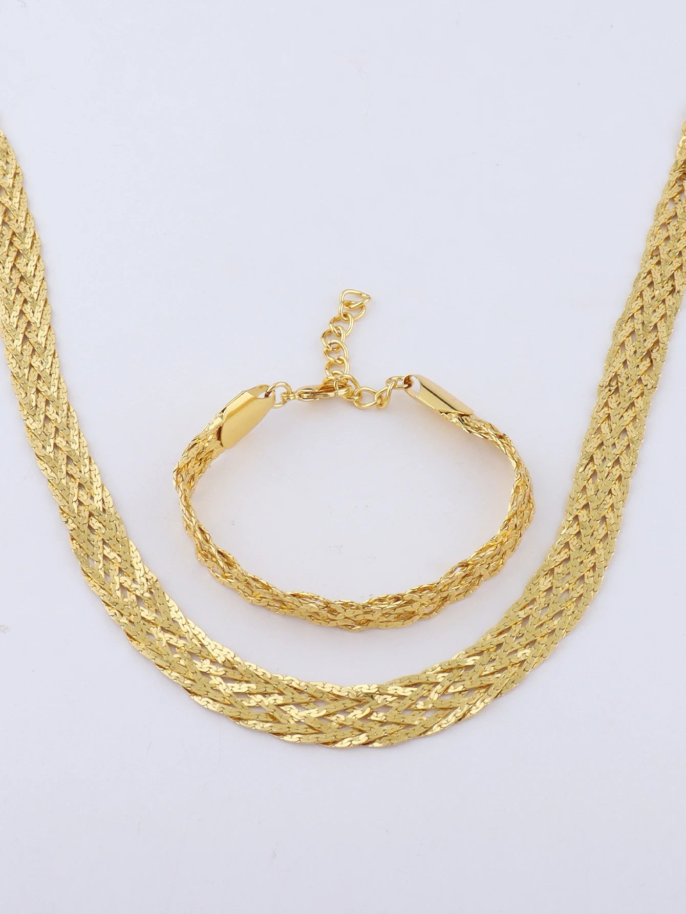 YM 10mm woven hollow chain set: 40cm necklace & bracelet, gold-tone plated, punk-luxury vibe for Dubai Africa women gift
