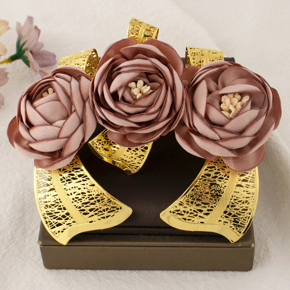 2025 New High Quality Big Pink Flower Earrings Women Jewelry Set Dubai Gold Plated Luxury Ring For Party Wedding Daily Dating