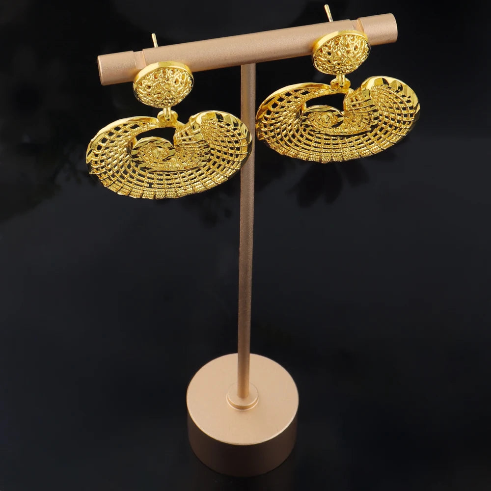 Round Gold Color Big Jewelry Set Hollow Out Design Necklace Earring Ring For Women Bridal Wedding Party Jewellery Gift