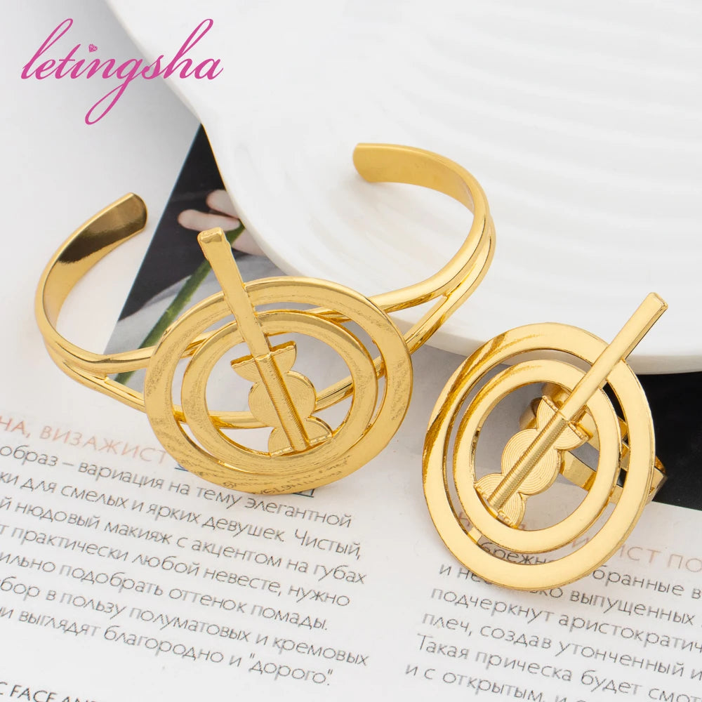 Fashion Jewelry New Design Cuff Bangle Bracelet Ring Dubai African Luxury Gold Color Jewelry Set for Ladies Wedding Party Gifts