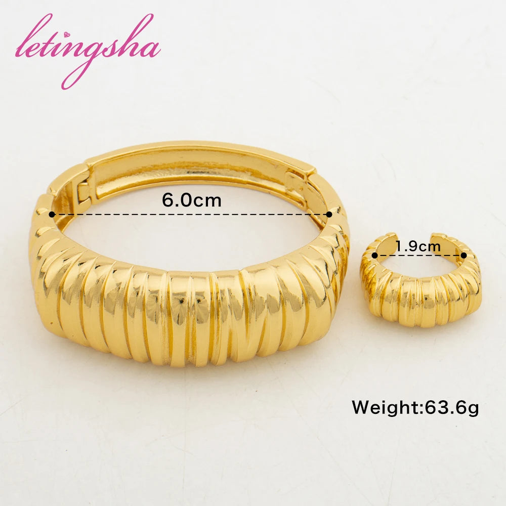 Newest Fashion Bangle Ring 2Pcs Set for Ladies Gold Color Stainless Jewellery Ethiopian Daily Wear Bracelets Rings Jewelry Set