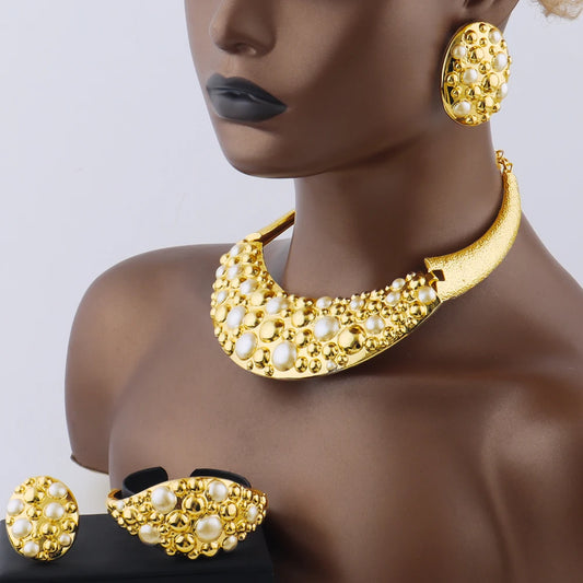 Dubai Gold Silver Plated Jewelry Set Luxury Women Original Necklace Earrings Pearl Bracelet Ring Bridal Wedding Party Gift