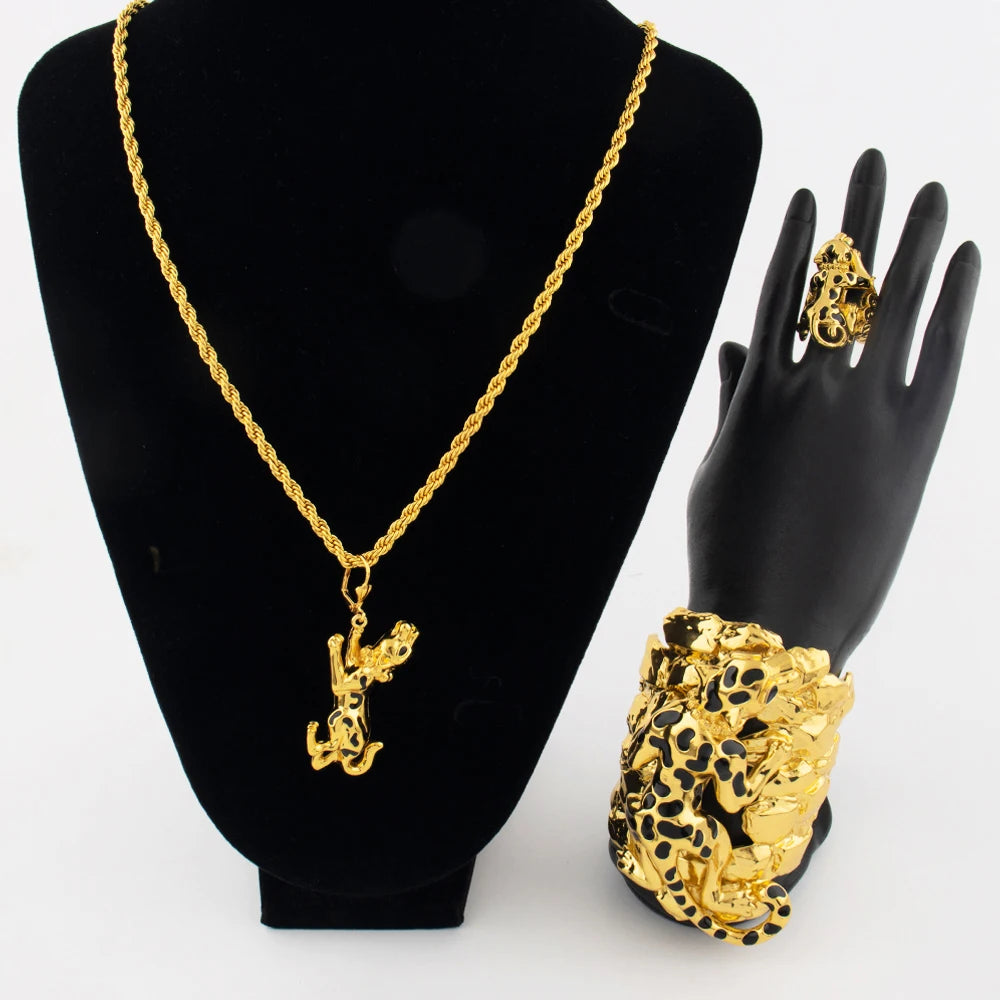 Luxury Gold Plated Domineering Exaggerated Leopard Shape Necklace Bracelet Ring Set for Women Dubai Jewelry Gift for Party