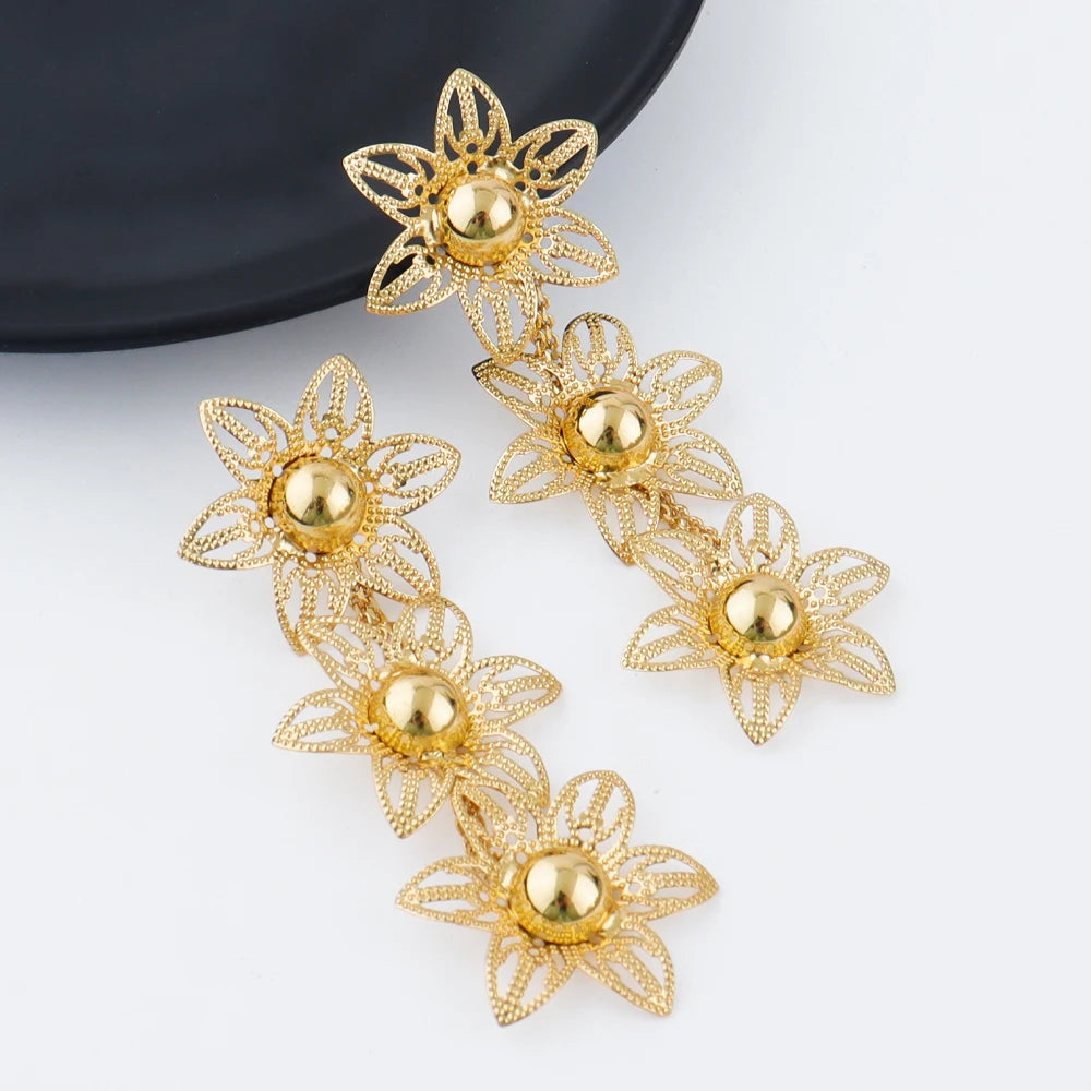eastern luxury flower earrings necklace bracelet ring jewelery fashion golden women 24K Gold-Plated jewelery