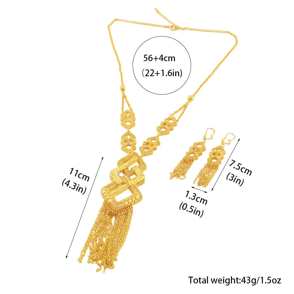 Plated Indian Bridal Jewelry Set: Long Pendant Necklace & Earrings for Women, Nigeria African Dubai Wedding Gift, Elega